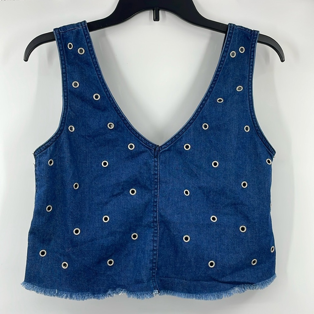 Pull & Bear Grommet Frayed Fringe Denim Pullover Tank Top Size Small